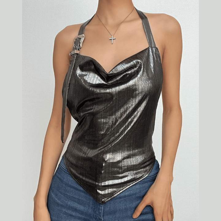 Metallic cowl neck buckle halter ruched backless top  | Festival Outfits Women