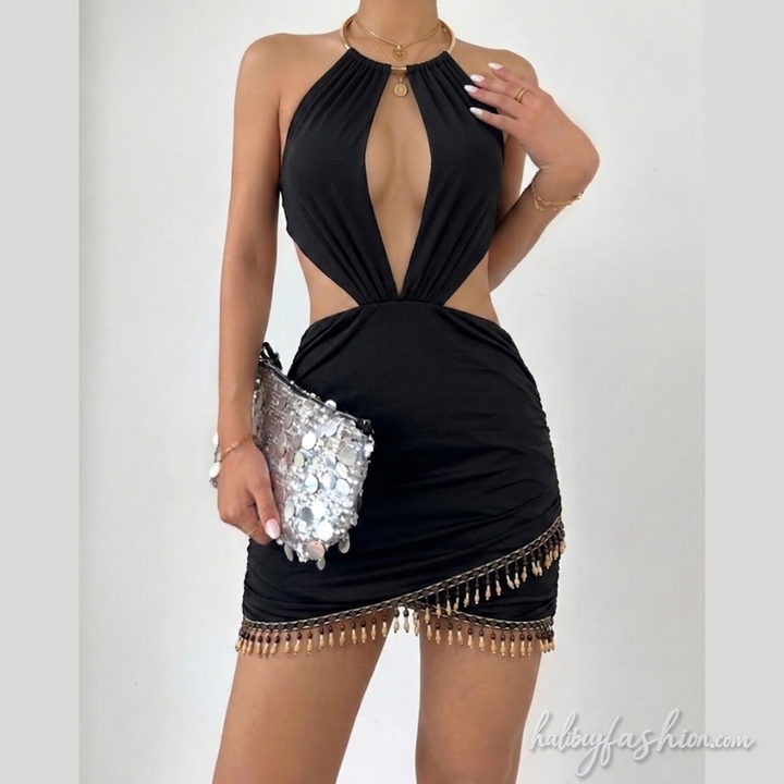 O ring halter ruched hollow out self tie mini dress