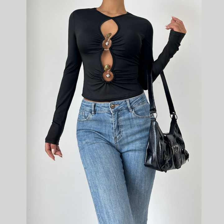 Long sleeve hollow out ruched crewneck cut out top  | Festival Outfits Women-final-sale