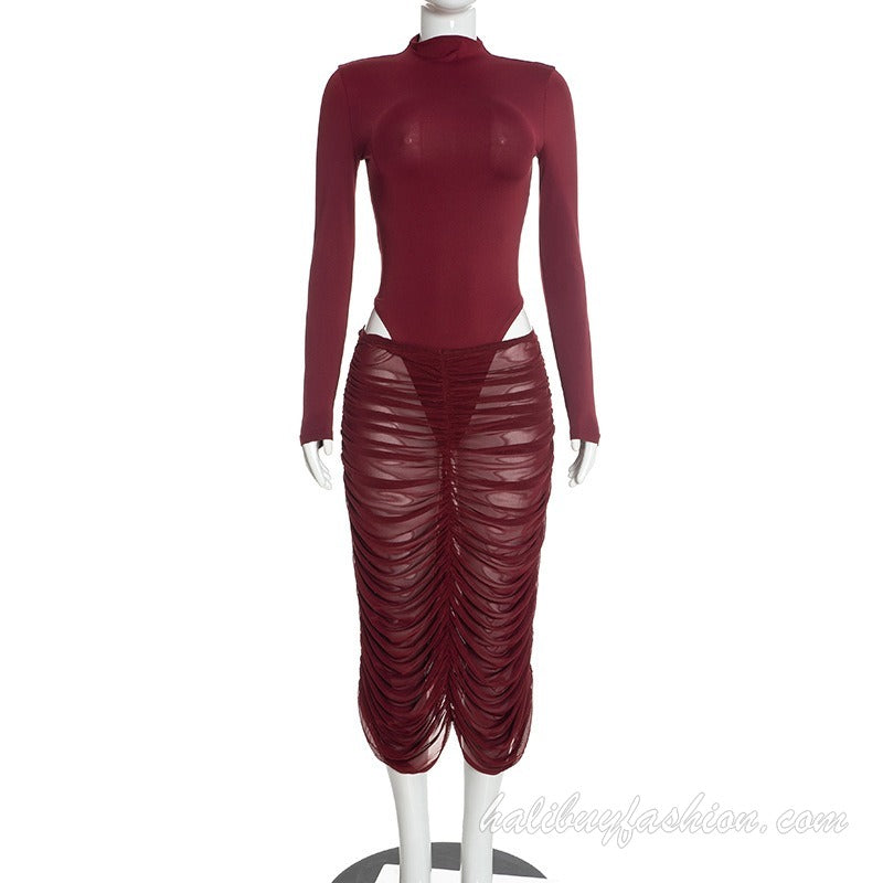 Long sleeve high neck cut out ruched mesh bodysuit - Halibuy - 11