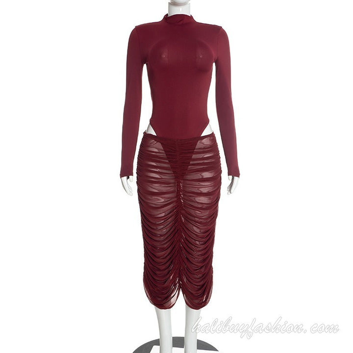 Long sleeve high neck cut out ruched mesh bodysuit - Halibuy - 11