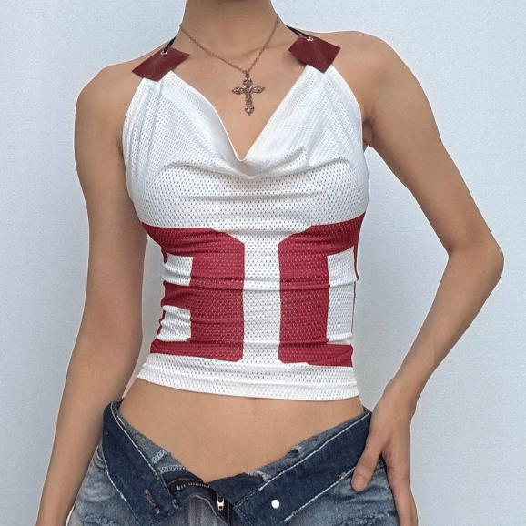 Halter cowl neck "06" print lace up top  | Festival Outfits Women