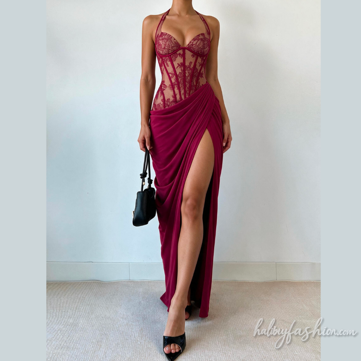 Self tie halter lace ruched irregular slit maxi dress - Halibuy - 29