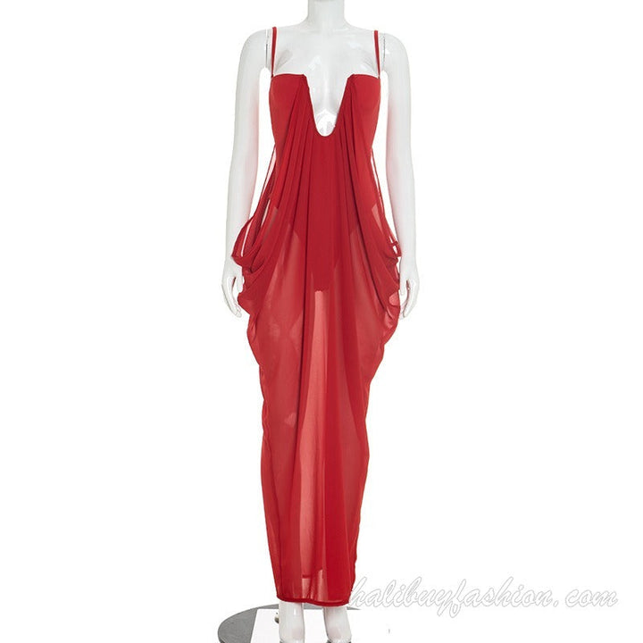 Spaghetti strap deep v neck sleeveless solid ruched cami maxi dress - Halibuy - 11