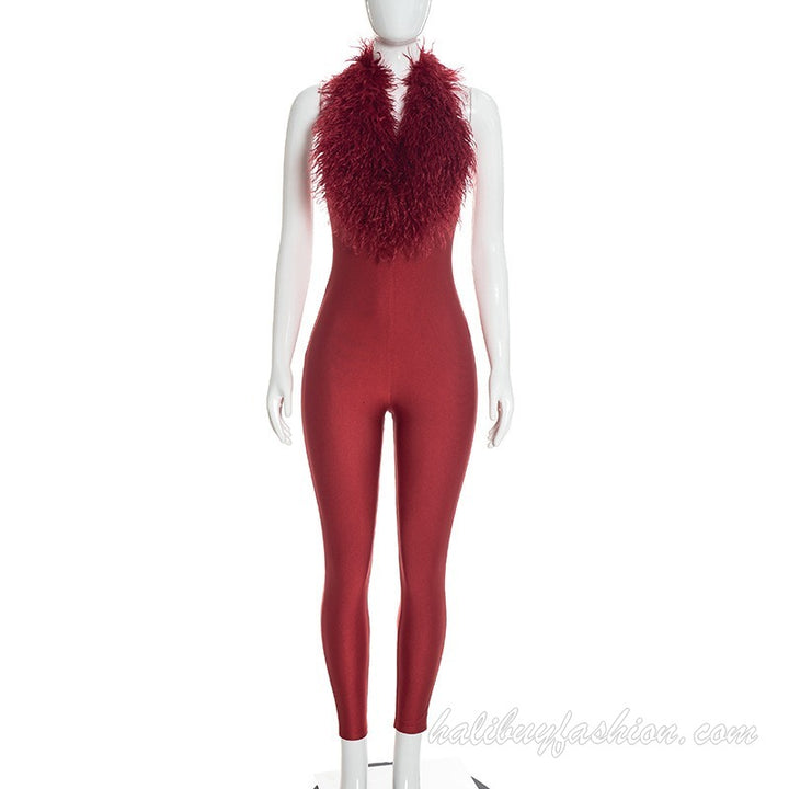 Halter sleeveless solid feather lace up satin jumpsuit - Halibuy - 11