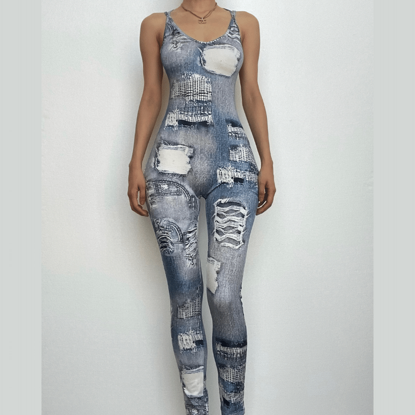 Denim print cross back u neck sleeveless jumpsuit-final-sale  | Festival Outfits Women
