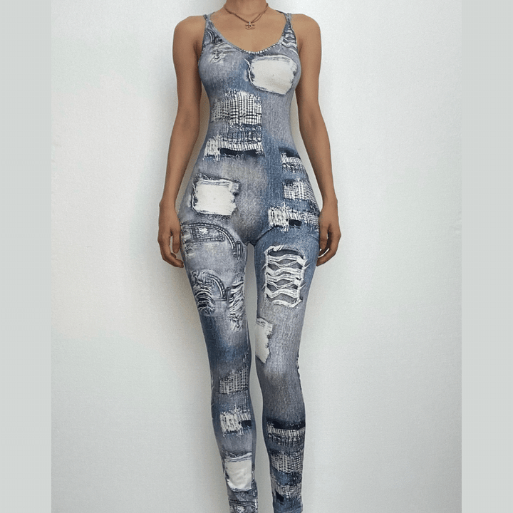 Denim print cross back u neck sleeveless jumpsuit-final-sale  | Festival Outfits Women
