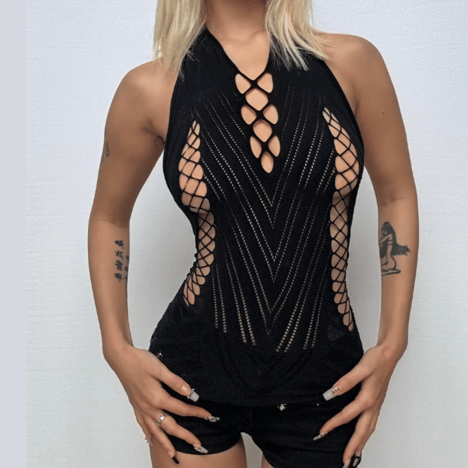 Halter fishnet hollow out backless cut out mini dress  | Festival Outfits Women