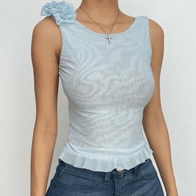 Sheer mesh flower applique see through sleeveless ruffle backless top  | Festival Outfits Women