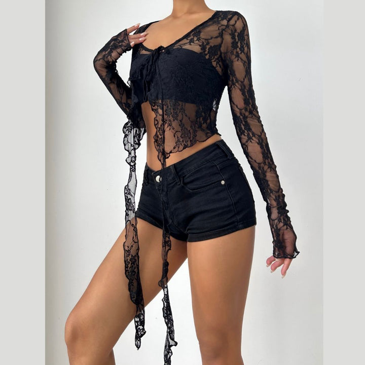 Long sleeve lace ruffle self tie top  | Festival Outfits Women-final-sale