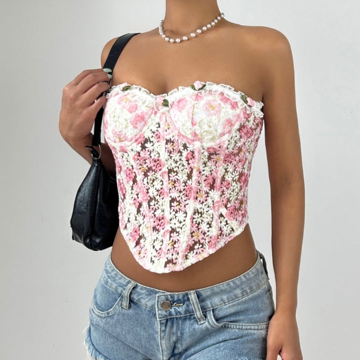 Ruffle flower applique corset lace up tube top  | Festival Outfits Women