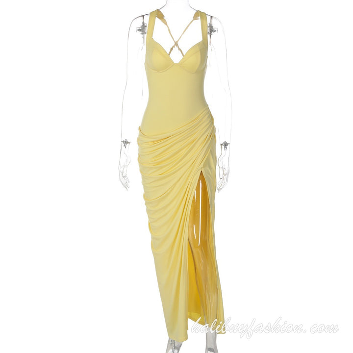 Halter backless ruched high slit solid maxi dress - Halibuy - 11