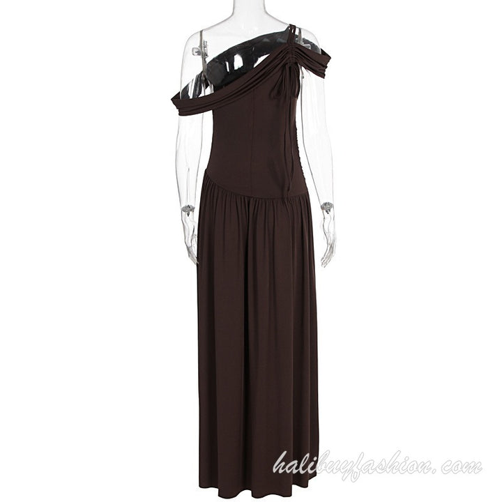 One shoulder ruched hollow out pleated solid o ring maxi dress - Halibuy - 11