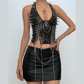 Halter PU leather o ring rivet applique metal chain top  | Festival Outfits Women
