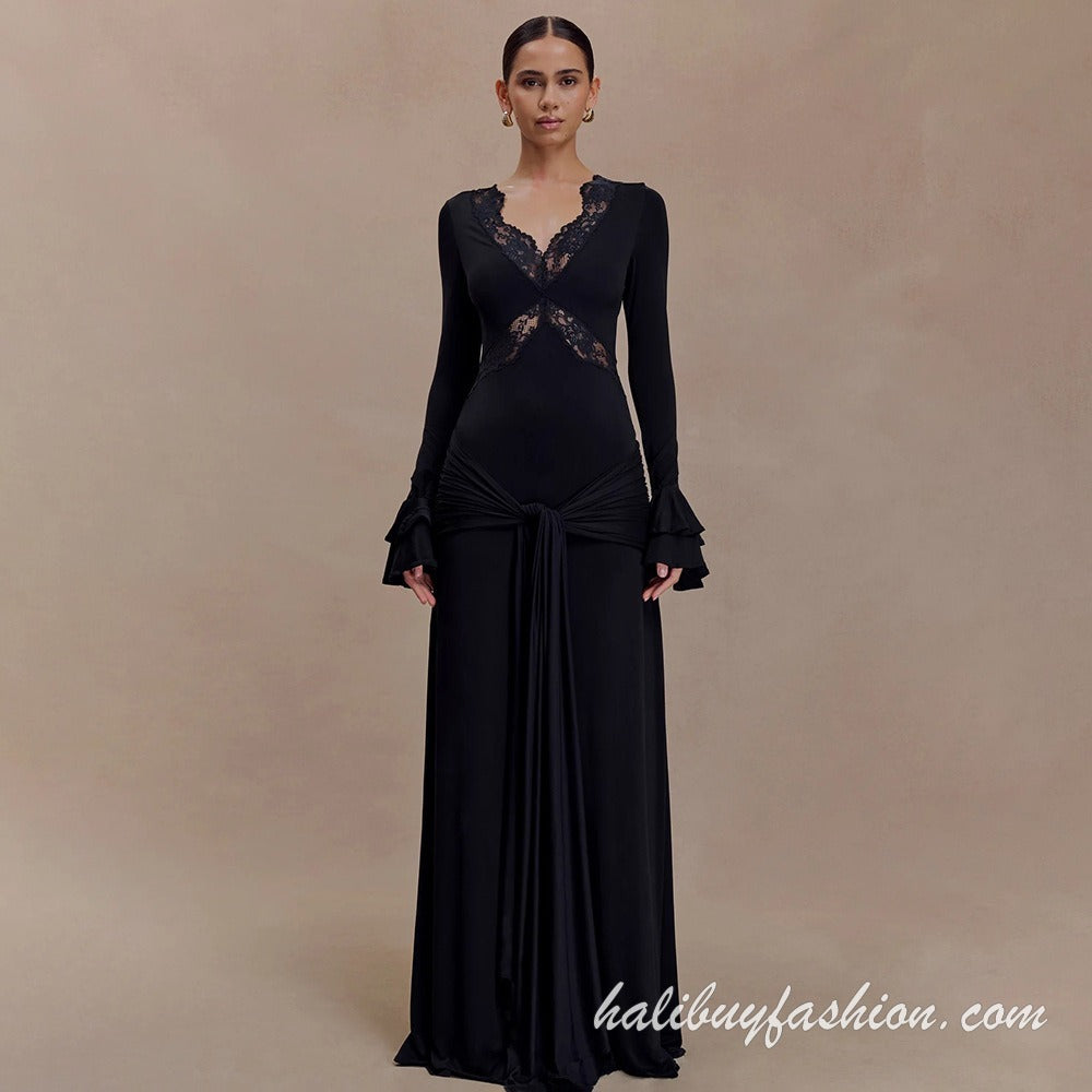 V neck long sleeve ruffle ruched solid maxi dress - Halibuy - 11