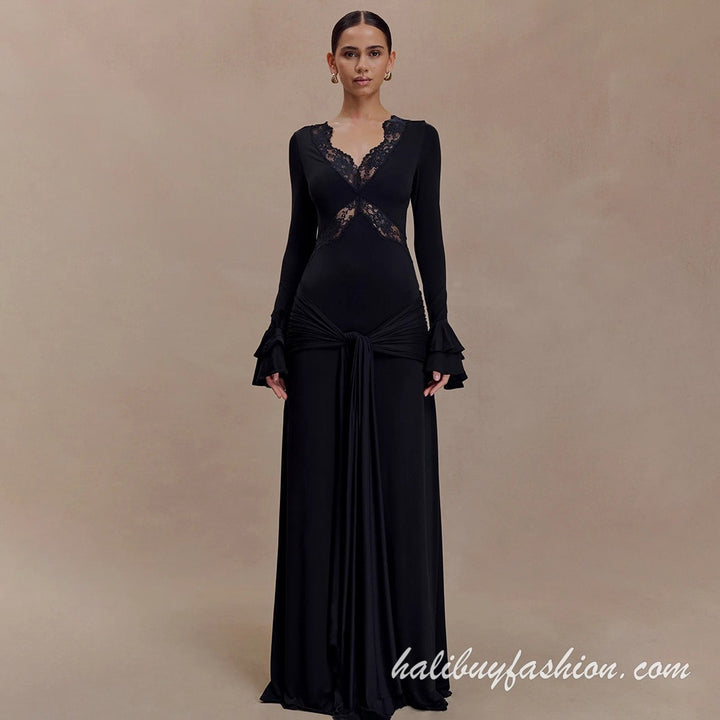 V neck long sleeve ruffle ruched solid maxi dress - Halibuy - 11