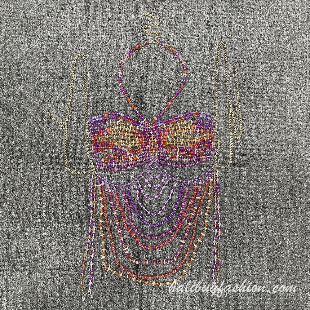 Halter hollow out patchwork crystal satin body chain - Halibuy - 11