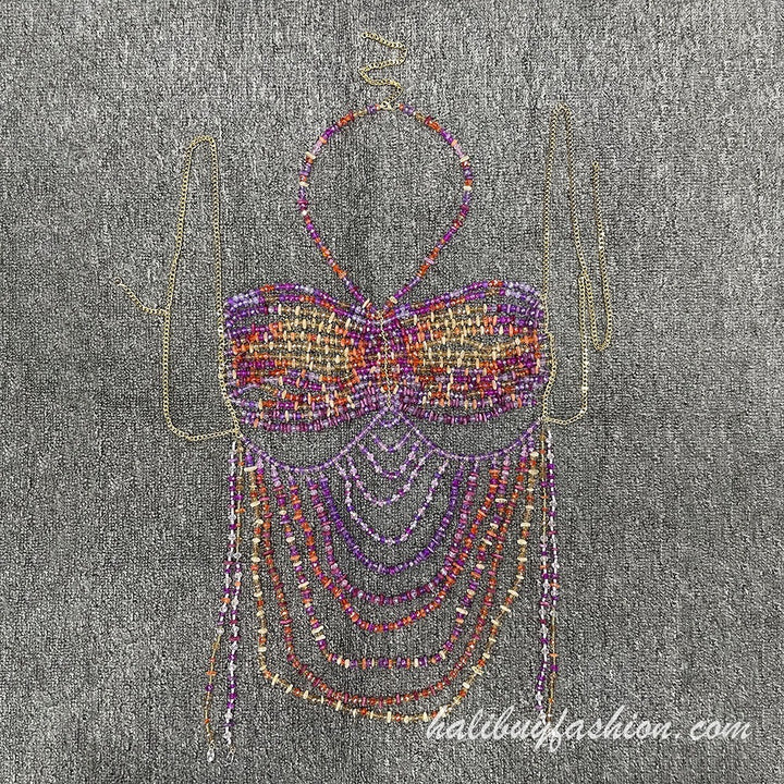 Halter hollow out patchwork crystal satin body chain - Halibuy - 11