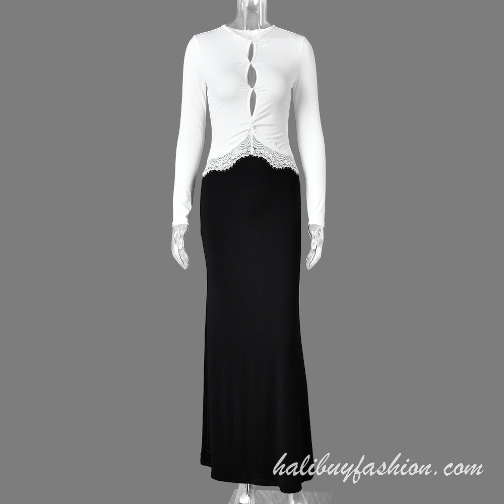 Long sleeve round neck knitted hollow out lace hem patchwork maxi dress - Halibuy - 11