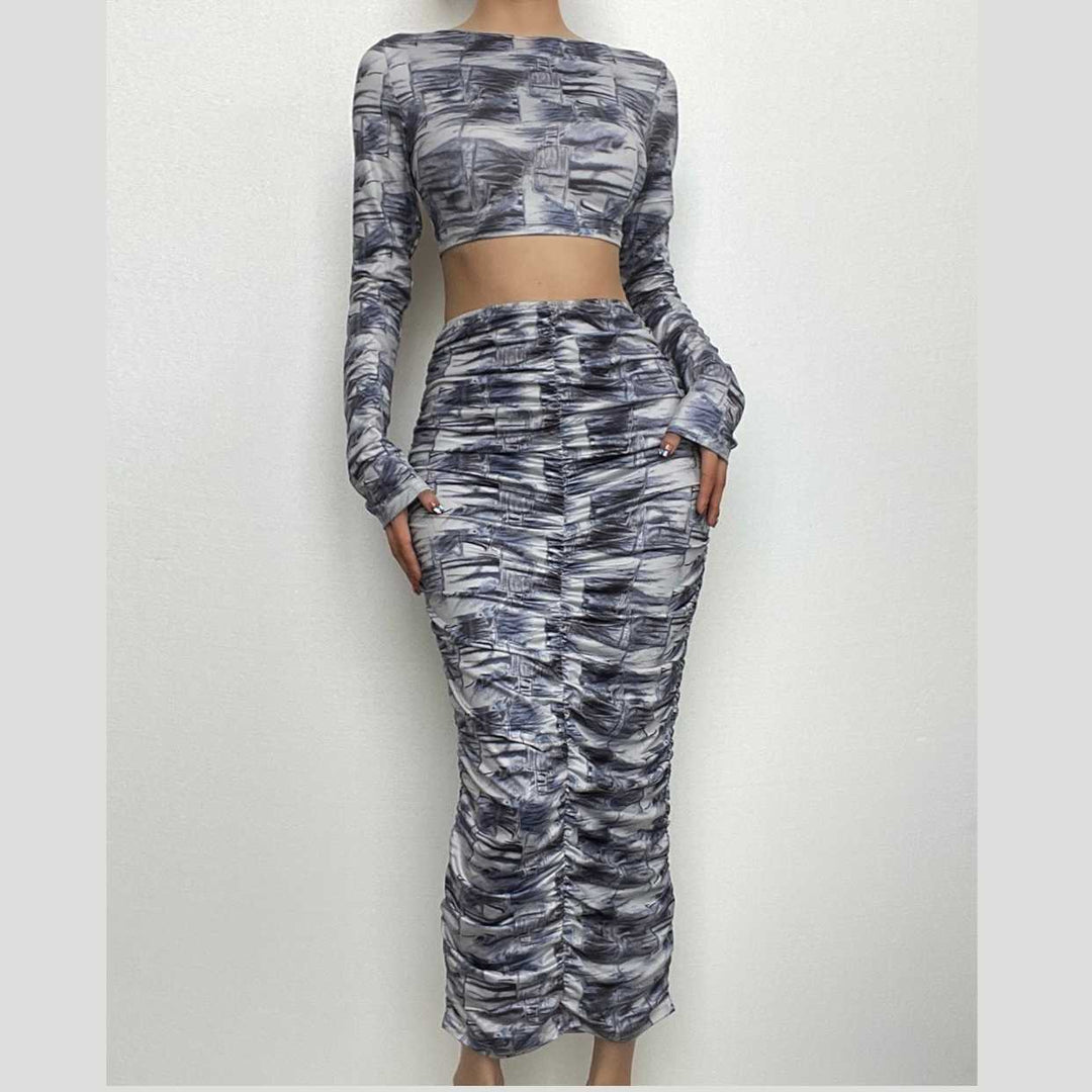 Contrast print long sleeve backless hollow out ruched cut out midi skirt set-final-sale  | Festival Outfits Women