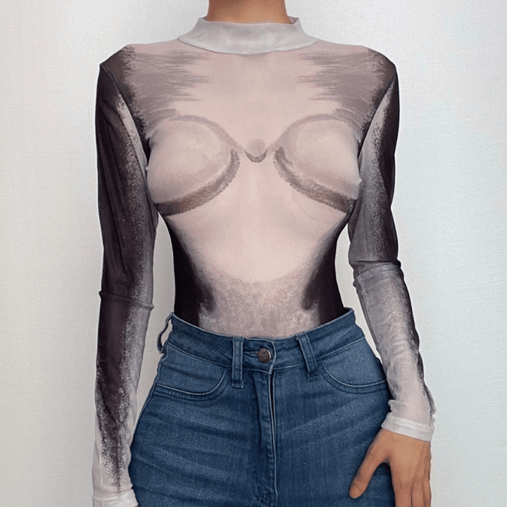 Sheer mesh see through body print high neck long sleeve bodysuit-final-sale  | Festival Outfits Women