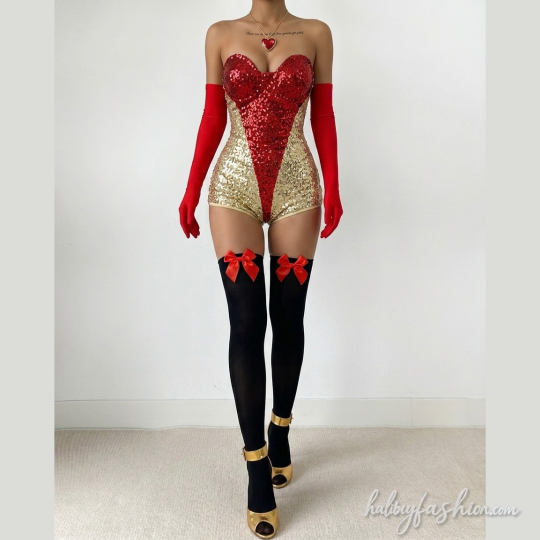 Glitter heart pattern backless cami romper
