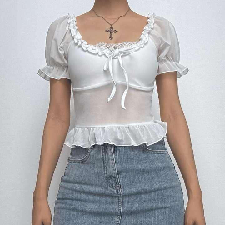 Short puff sleeve ruffle ruched knotted crop top-final-sale  | Festival Outfits Women
