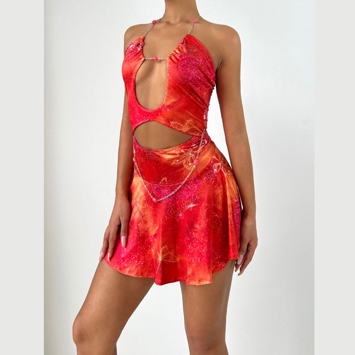 Metal chain halter hollow out print cut out mini dress  | Festival Outfits Women-final-sale