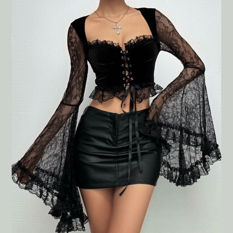 Long flared sleeve velvet lace patchwork ruffle lace up crop top  | Festival Outfits Women