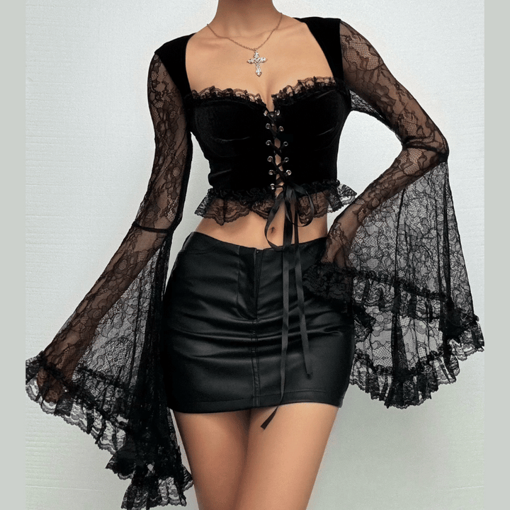 Long flared sleeve velvet lace patchwork ruffle lace up crop top  | Festival Outfits Women