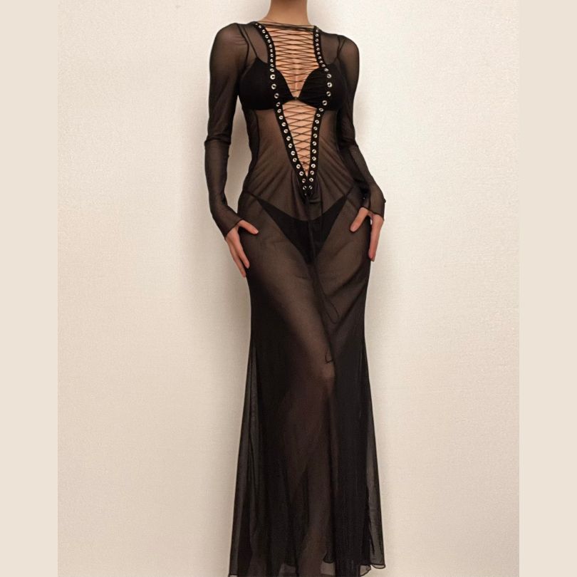 Long sleeve lace up sheer mesh see through maxi dress – Halibuy