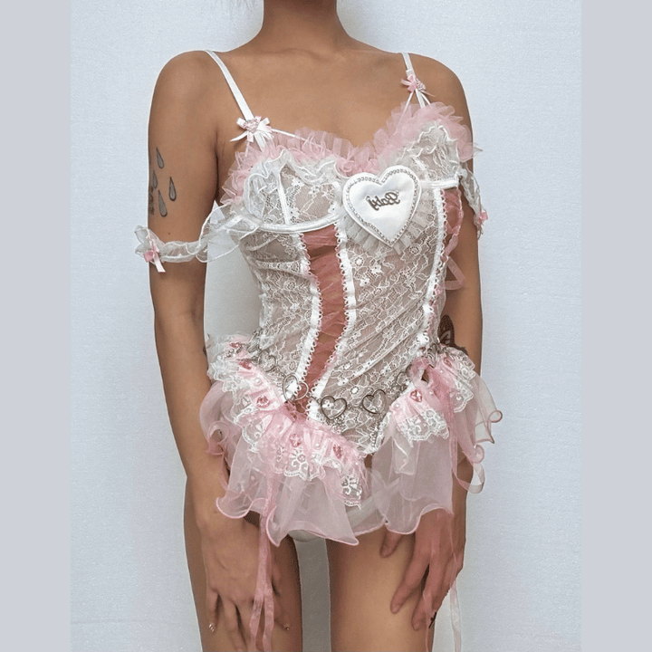 Ruffle bowknot lace metal chain top  | Festival Outfits Women