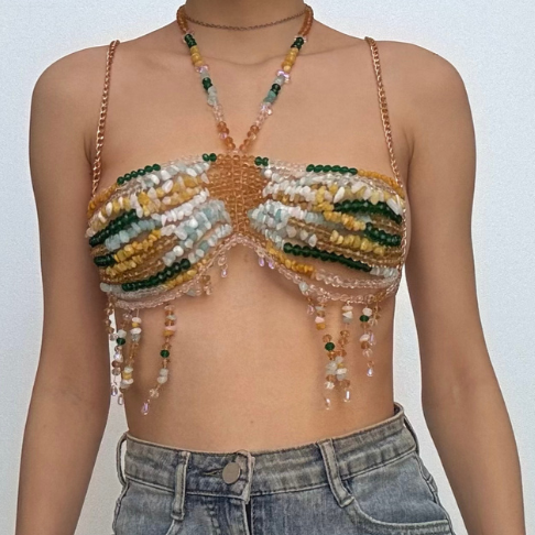 Halter beaded hollow out backless tassels cut out top  | Festival Outfits Women