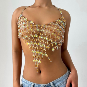 Halter v neck beaded hollow out backless cut out top  | Festival Outfits Women
