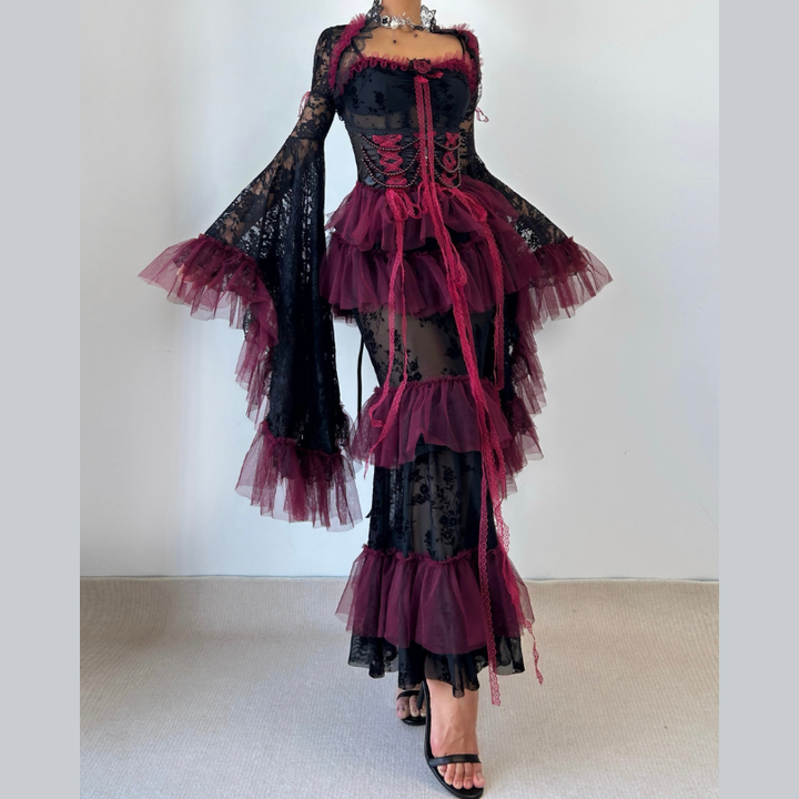 Lace long flared sleeve beaded flower applique maxi dress  | Festival Outfits Women
