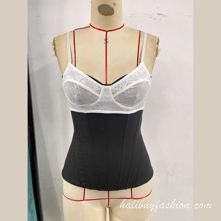 Lace patchwork lace up corset bustier top - Halibuy - 11