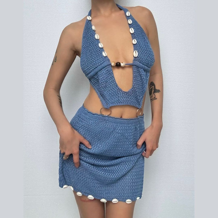 Halter self tie o ring hollow out knitted cut out mini dress  | Festival Outfits Women