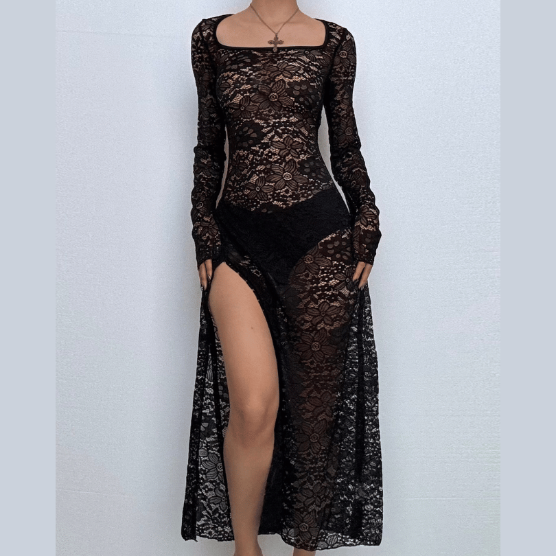 Long sleeve u neck lace slit maxi dress  | Festival Outfits Women