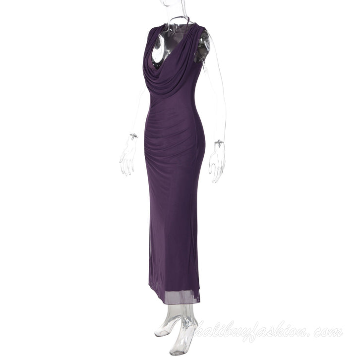 Sleeveless ruched deep v neck solid slit maxi dress - Halibuy - 11