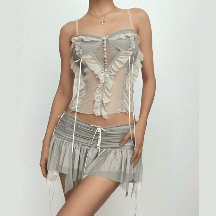 Mesh patchwork ruffle button contrast backless cami ruched skirt set-final-sale