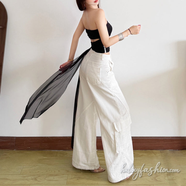 Irregular ruched zip-up hollow out tube top