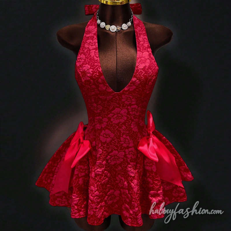 Bowknot halter self tie v neck backless mini dress