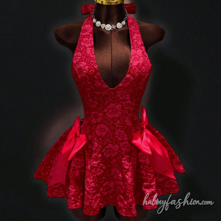 Bowknot halter self tie v neck backless mini dress