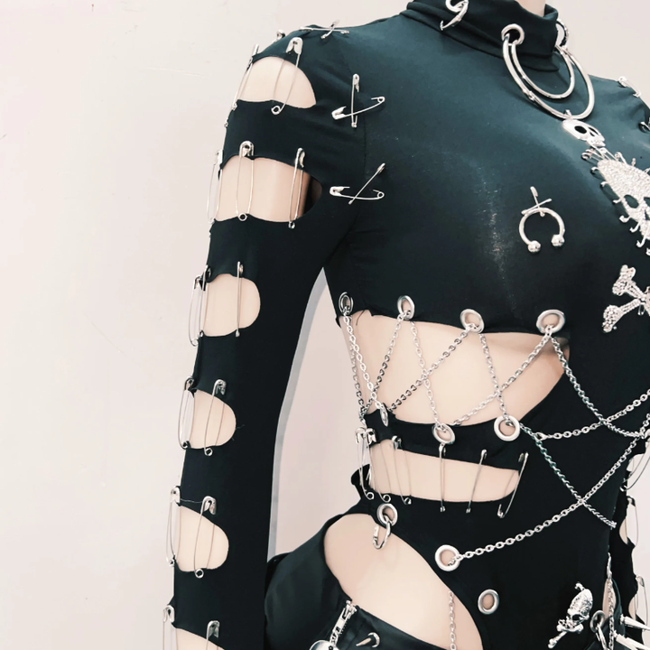 Long sleeve hollow out metal chain skull applique cut out top  | Festival Outfits Women