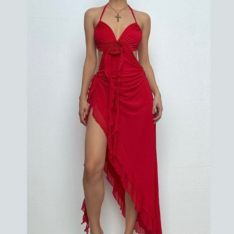 Halter flower applique ruffle backless slit maxi dress-final-sale