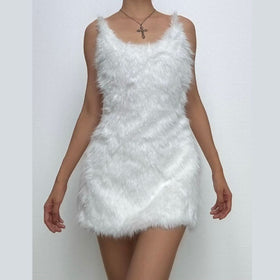 U neck fluffy zip-up backless cami mini dress  | Festival Outfits Women