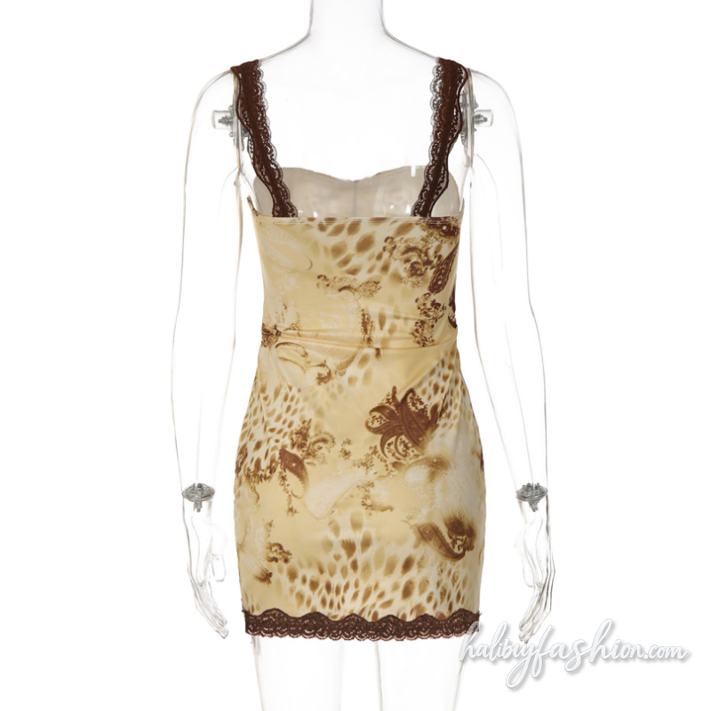Lace hem ruched self tie print backless cami mini dress - Halibuy - 4