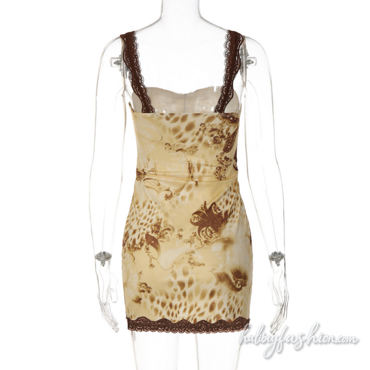 Lace hem ruched self tie print backless cami mini dress - Halibuy - 4