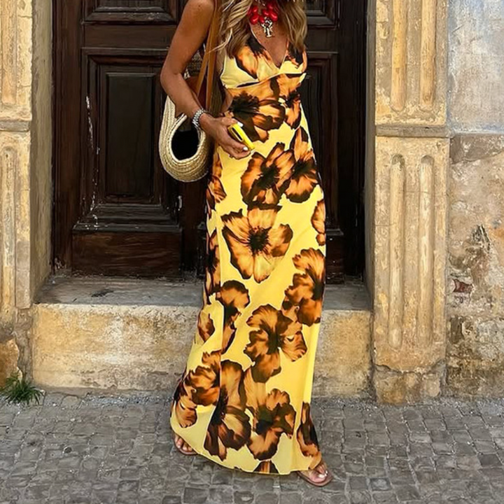 Halter self tie flower print v neck maxi dress  | Festival Outfits Women