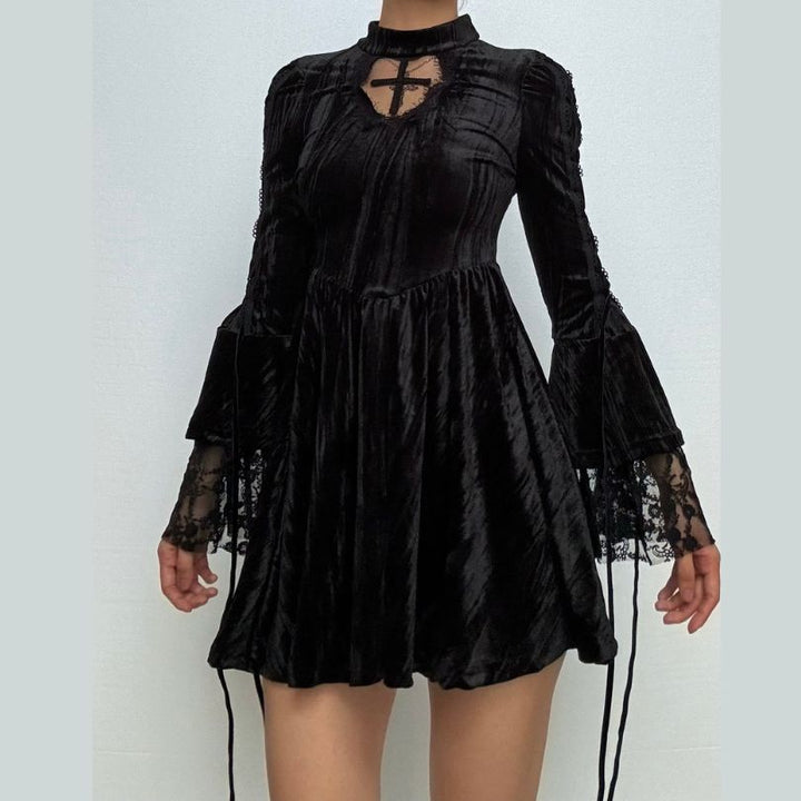 Long flared sleeve self tie velvet cross pattern mini dress  | Festival Outfits Women-final-sale